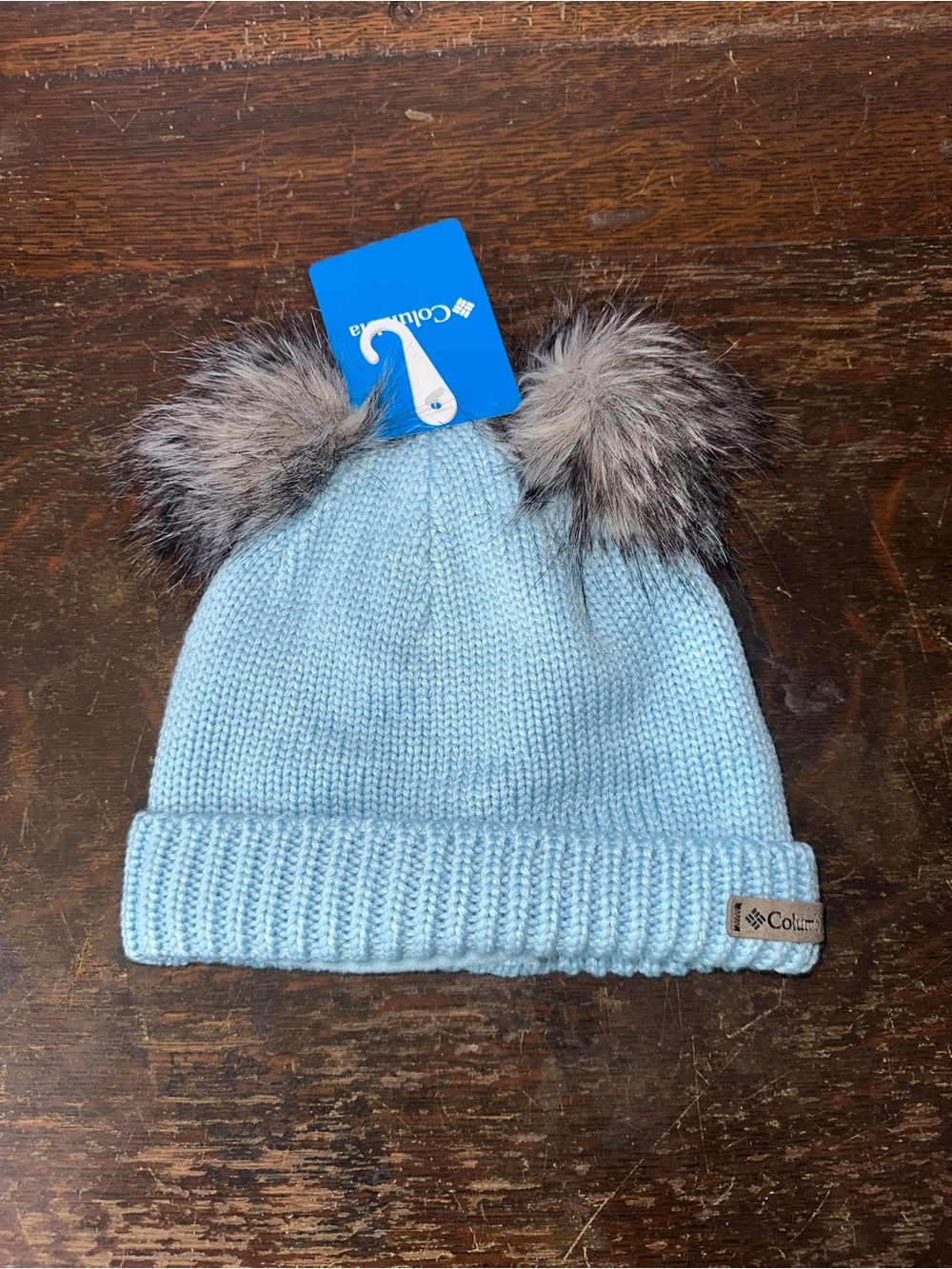 Columbia Girls Light Blue Knit Hat with Faux Fur Double Poms